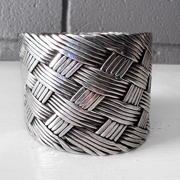 Huge VINTAGE Sterling Silver Mexico Woven Unisex Cuff - Picture 7 of 11